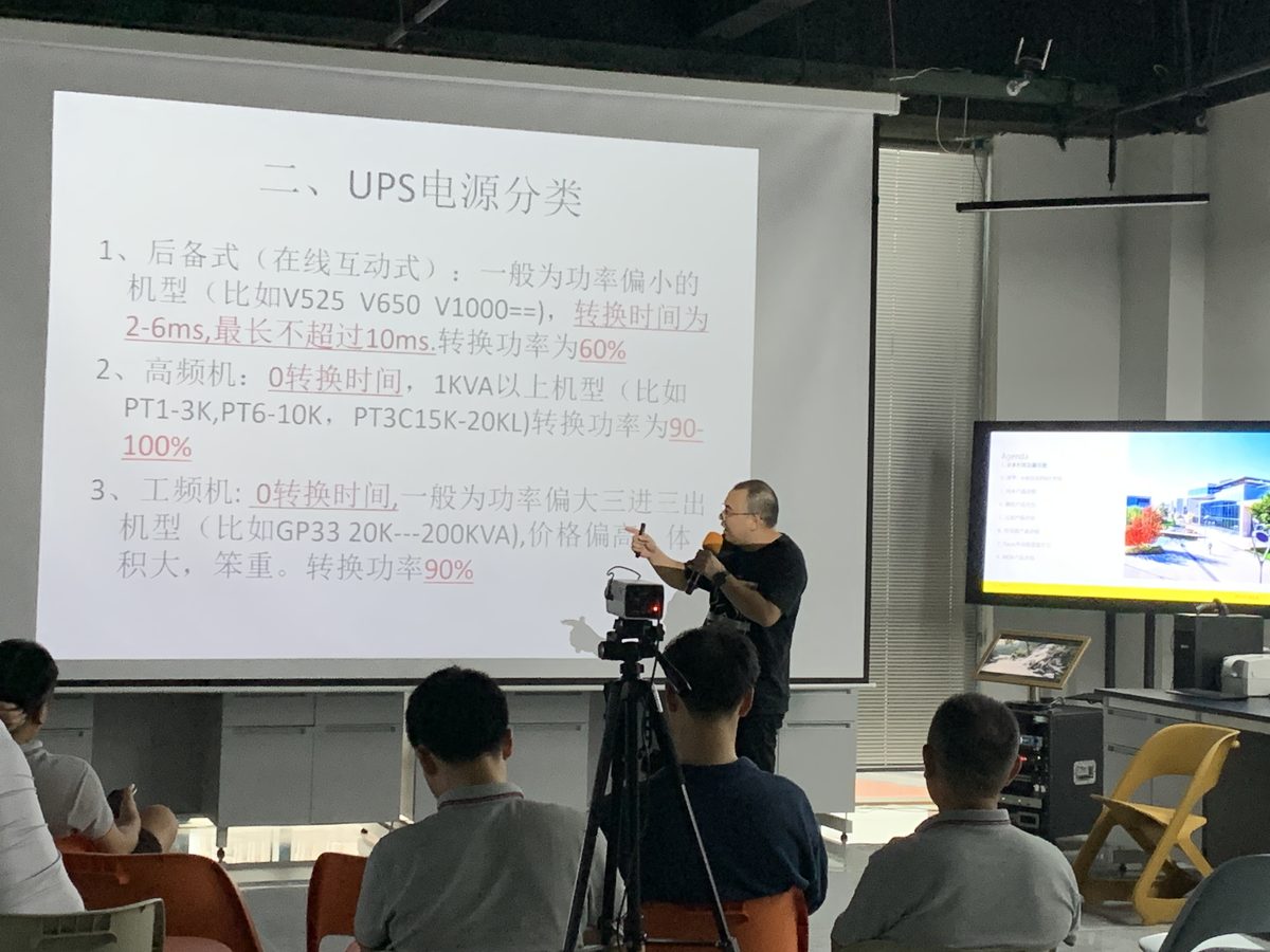 展厅分享会上 UPS 电源分类讲解画面