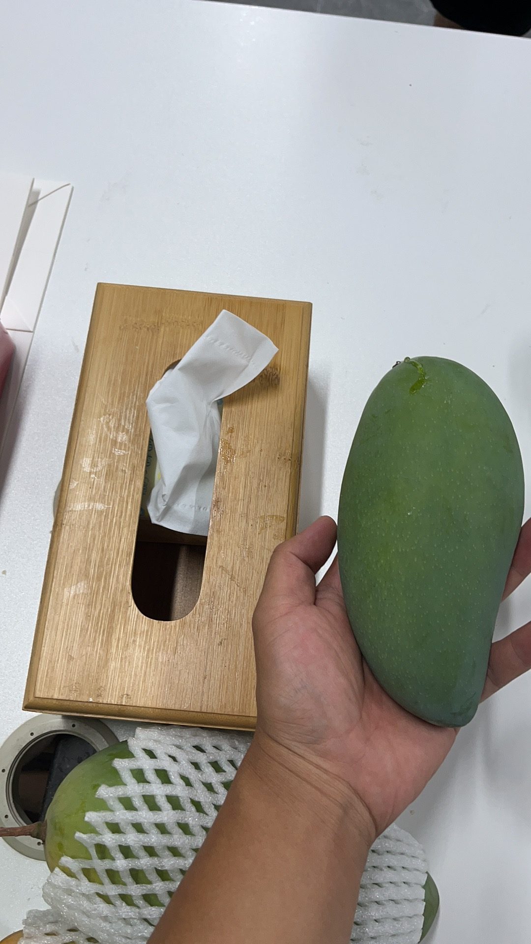 手持一颗绿色大芒果与纸巾盒对比